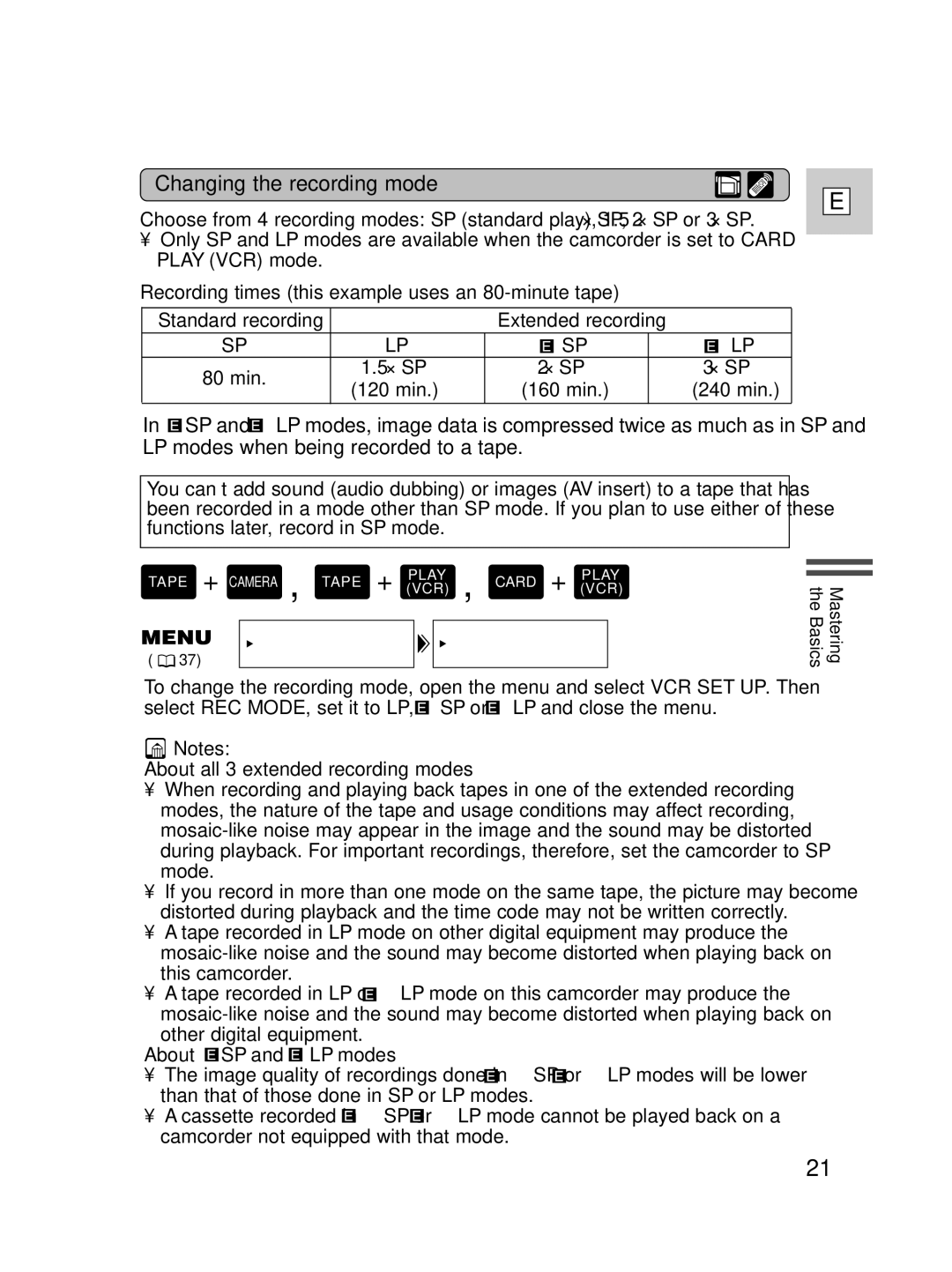 Canon ZR30 MC Changing the recording mode, Recording times this example uses an 80-minute tape, About SP and LP modes 