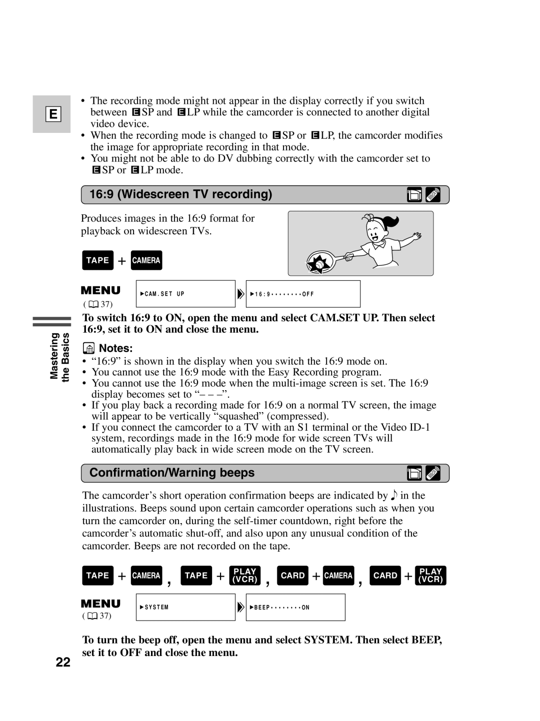 Canon ZR30 MC instruction manual Widescreen TV recording, Confirmation/Warning beeps 