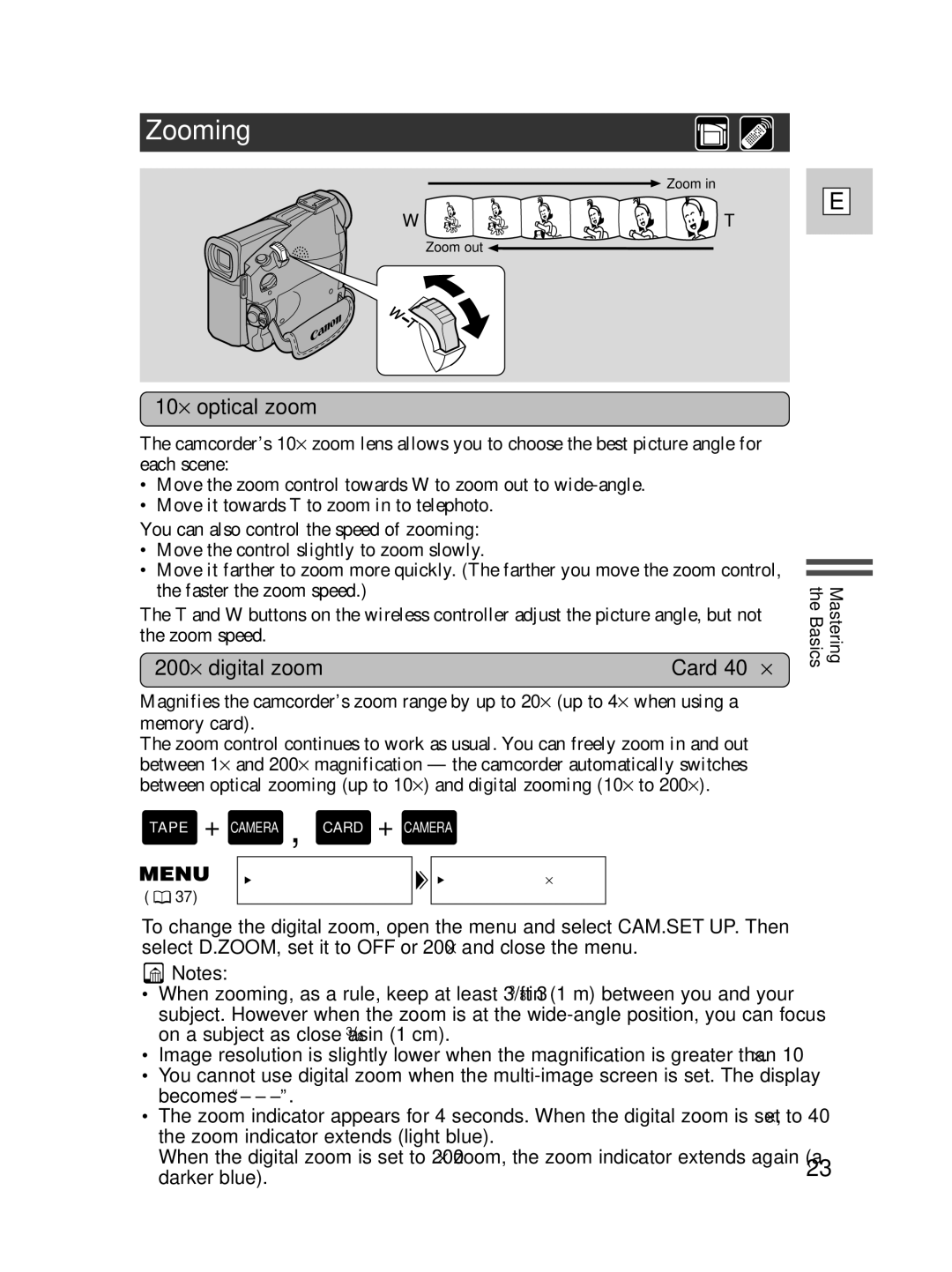 Canon ZR30 MC instruction manual Zooming, 10⋅ optical zoom, 200 ⋅ digital zoom 