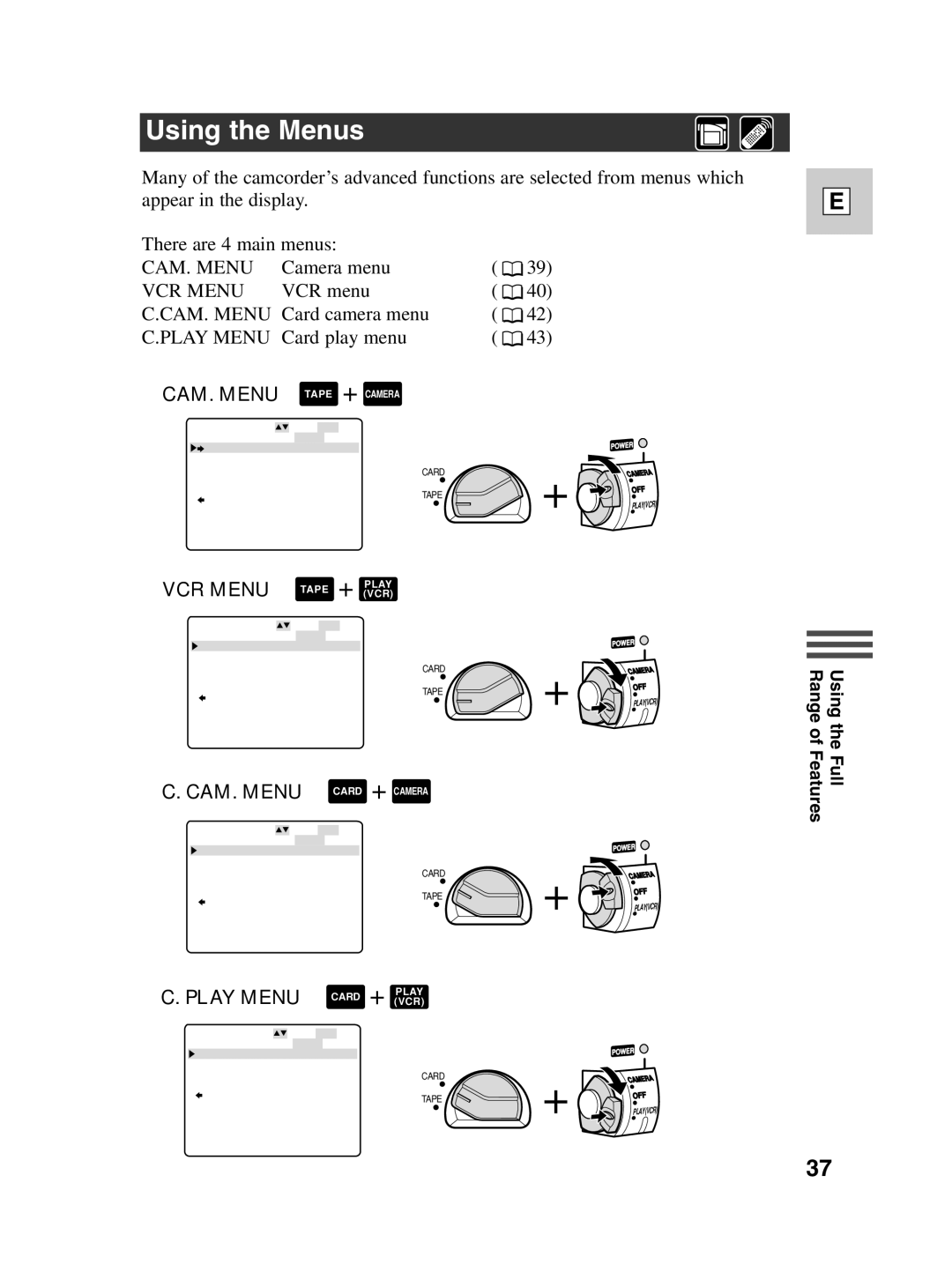 Canon ZR30 MC instruction manual Using the Menus, Camera menu, VCR menu, Card camera menu, Card play menu 