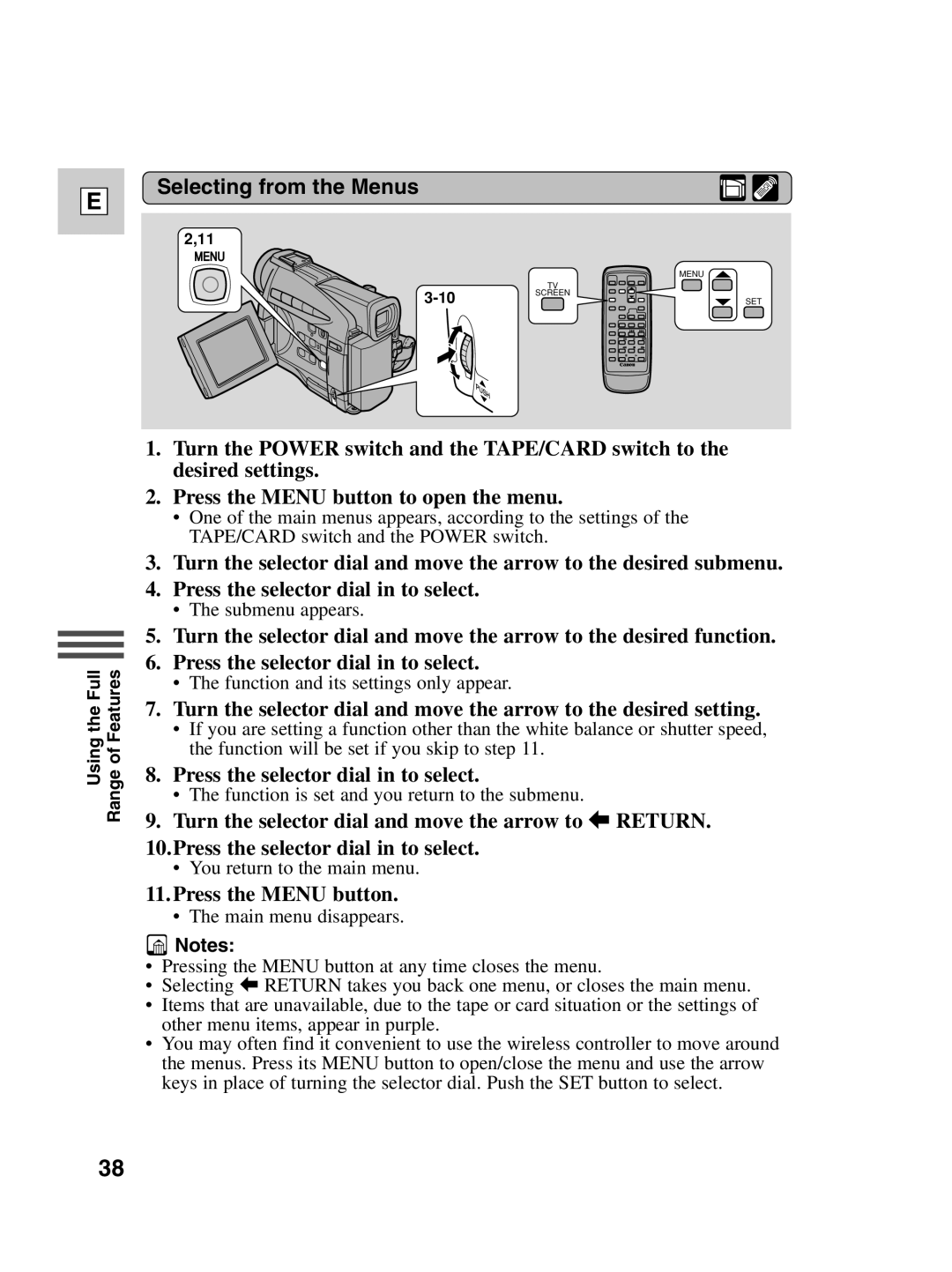 Canon ZR30 MC instruction manual Selecting from the Menus, Press the Menu button 