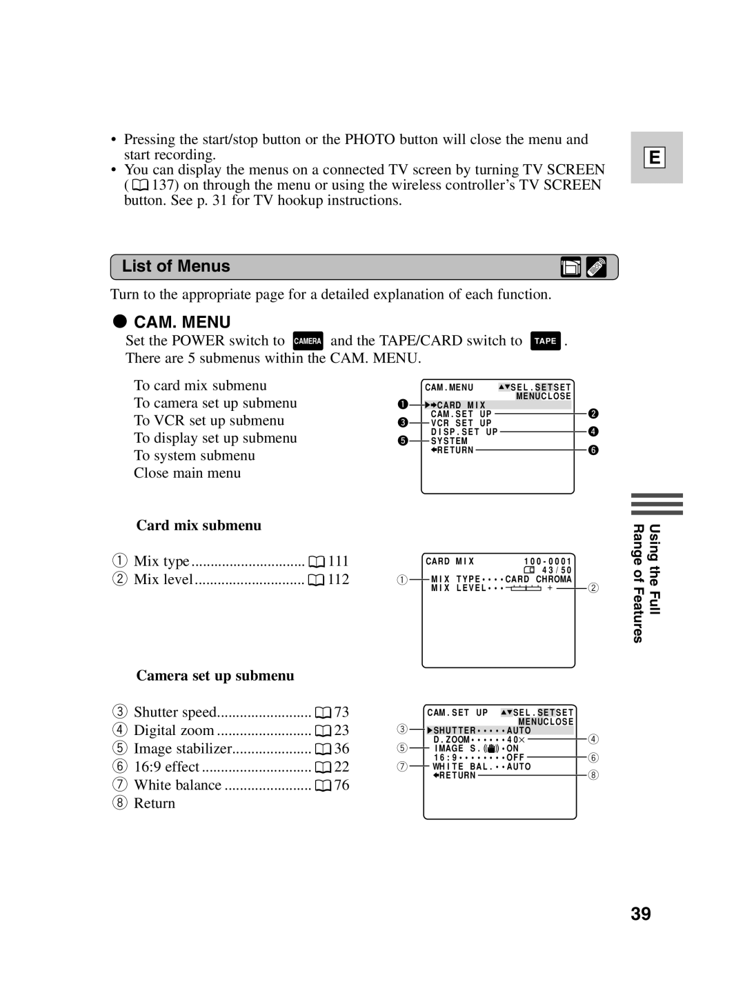 Canon ZR30 MC instruction manual List of Menus 