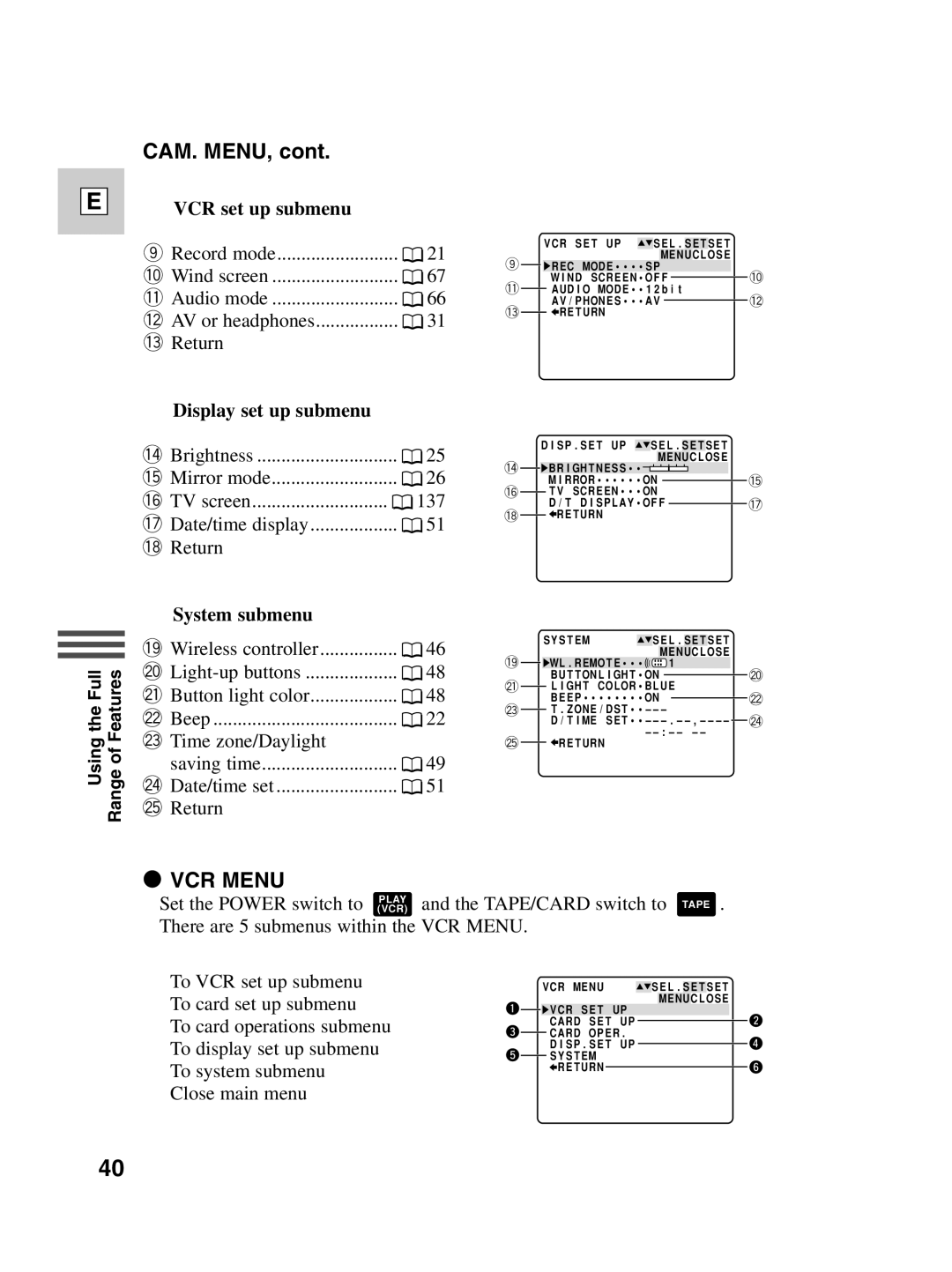 Canon ZR30 MC instruction manual Cam. Menu, VCR set up submenu, Display set up submenu, System submenu 