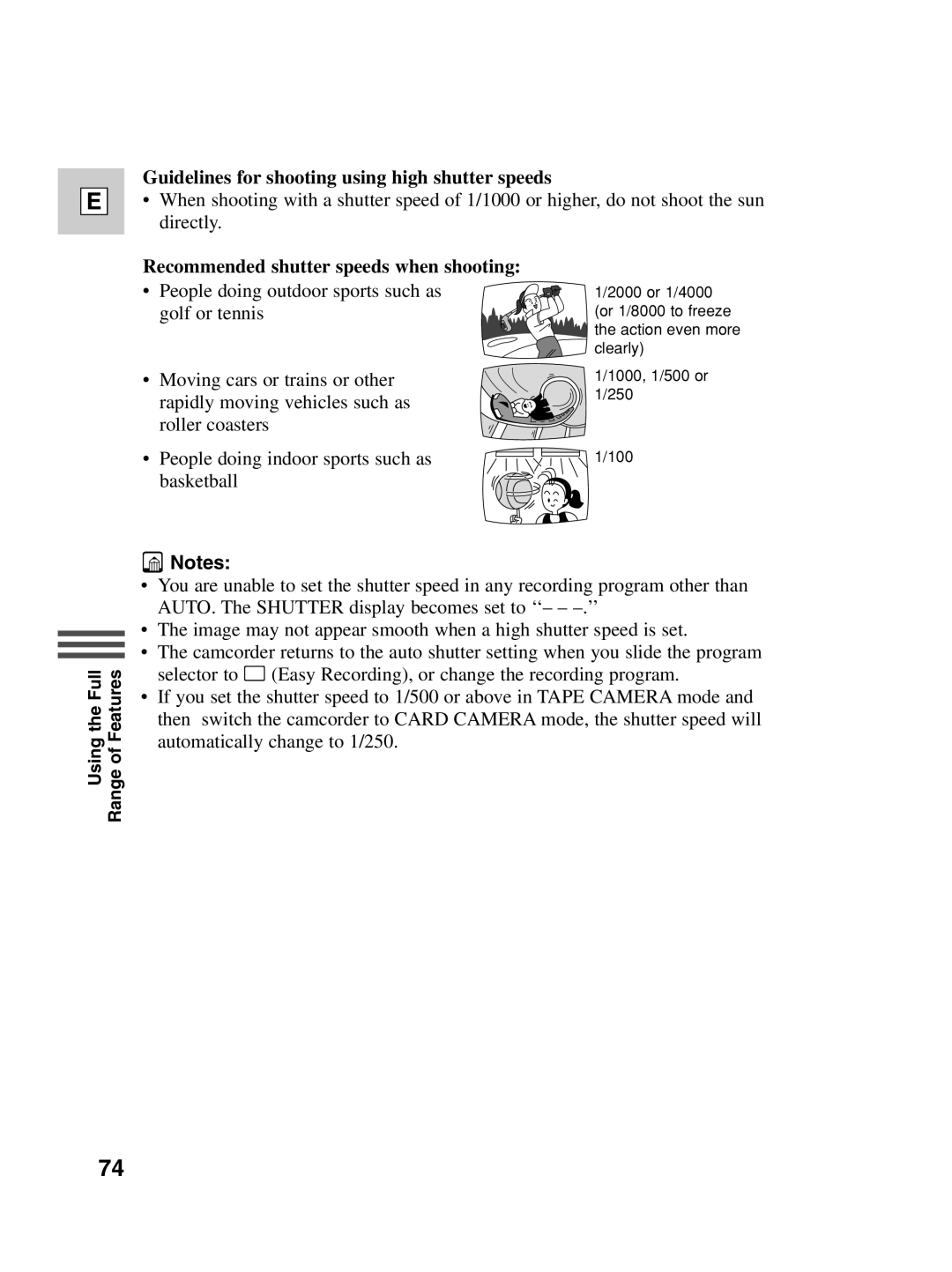 Canon ZR30 MC Guidelines for shooting using high shutter speeds, Recommended shutter speeds when shooting 