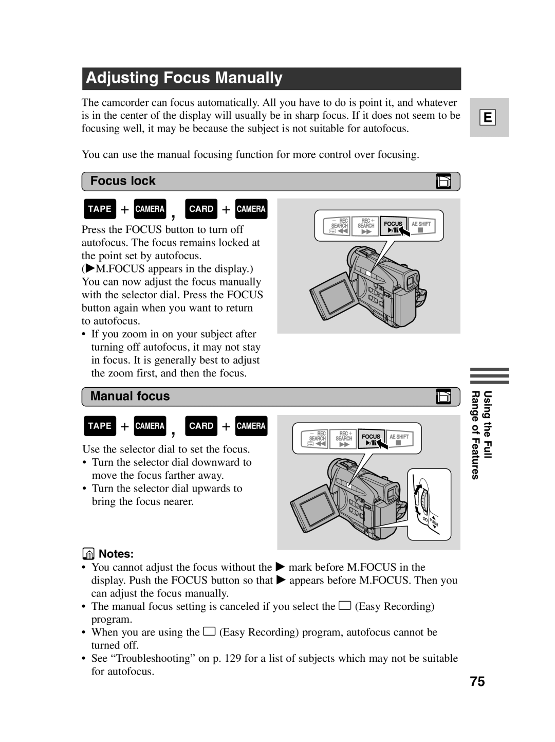 Canon ZR30 MC instruction manual Adjusting Focus Manually, Focus lock, Manual focus 