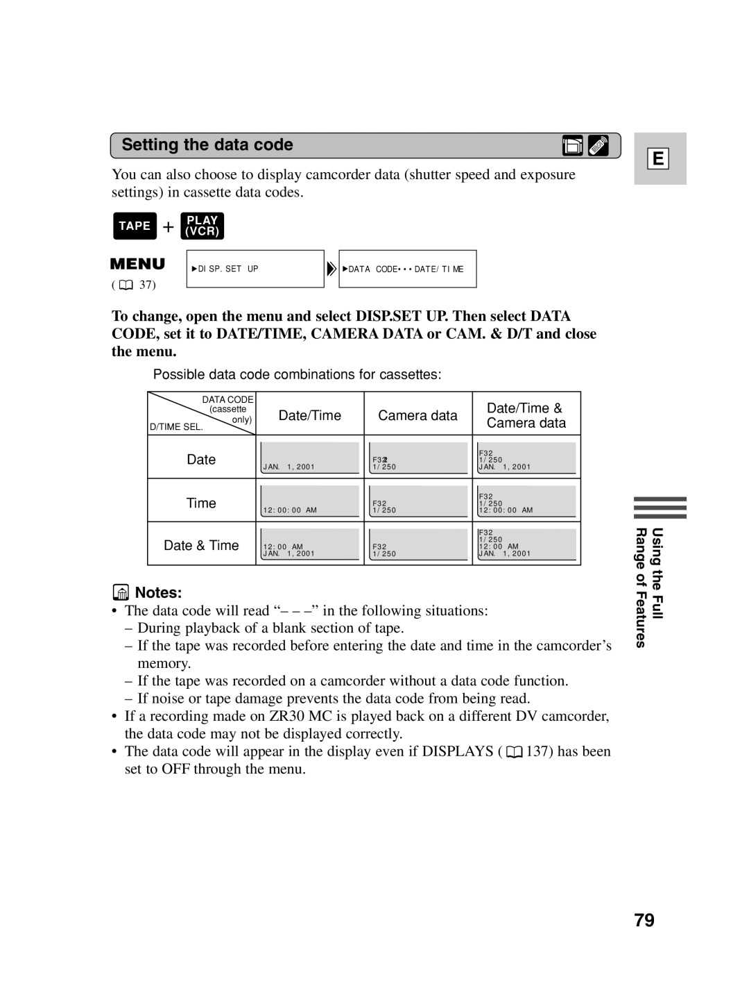 Canon ZR30 MC instruction manual Setting the data code, Date 