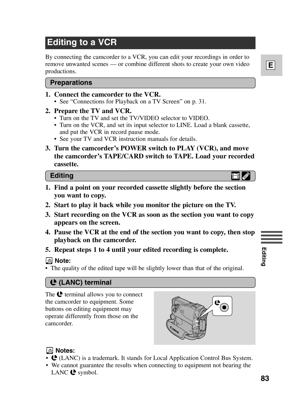 Canon ZR30 MC Editing to a VCR, Preparations, Connect the camcorder to the VCR, Prepare the TV and VCR, Lanc terminal 