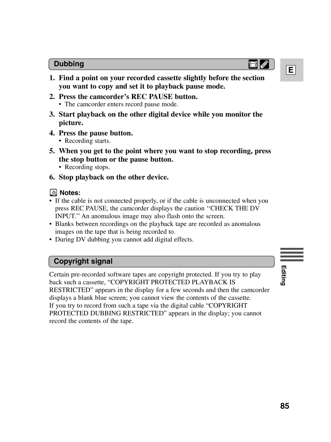 Canon ZR30 MC instruction manual Dubbing, Stop playback on the other device, Copyright signal 