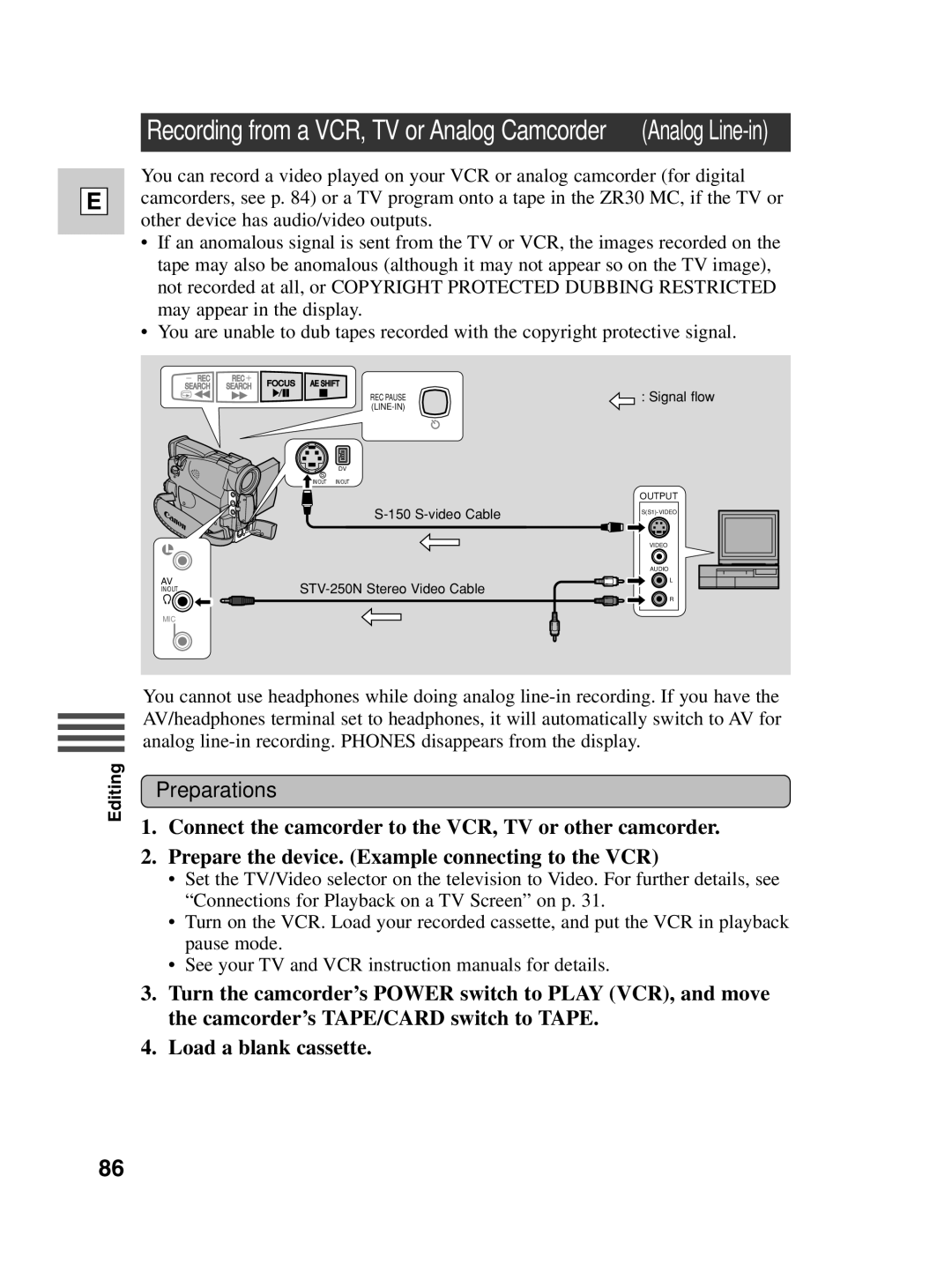 Canon ZR30 MC instruction manual Recording from a VCR, TV or Analog Camcorder Analog Line-in 