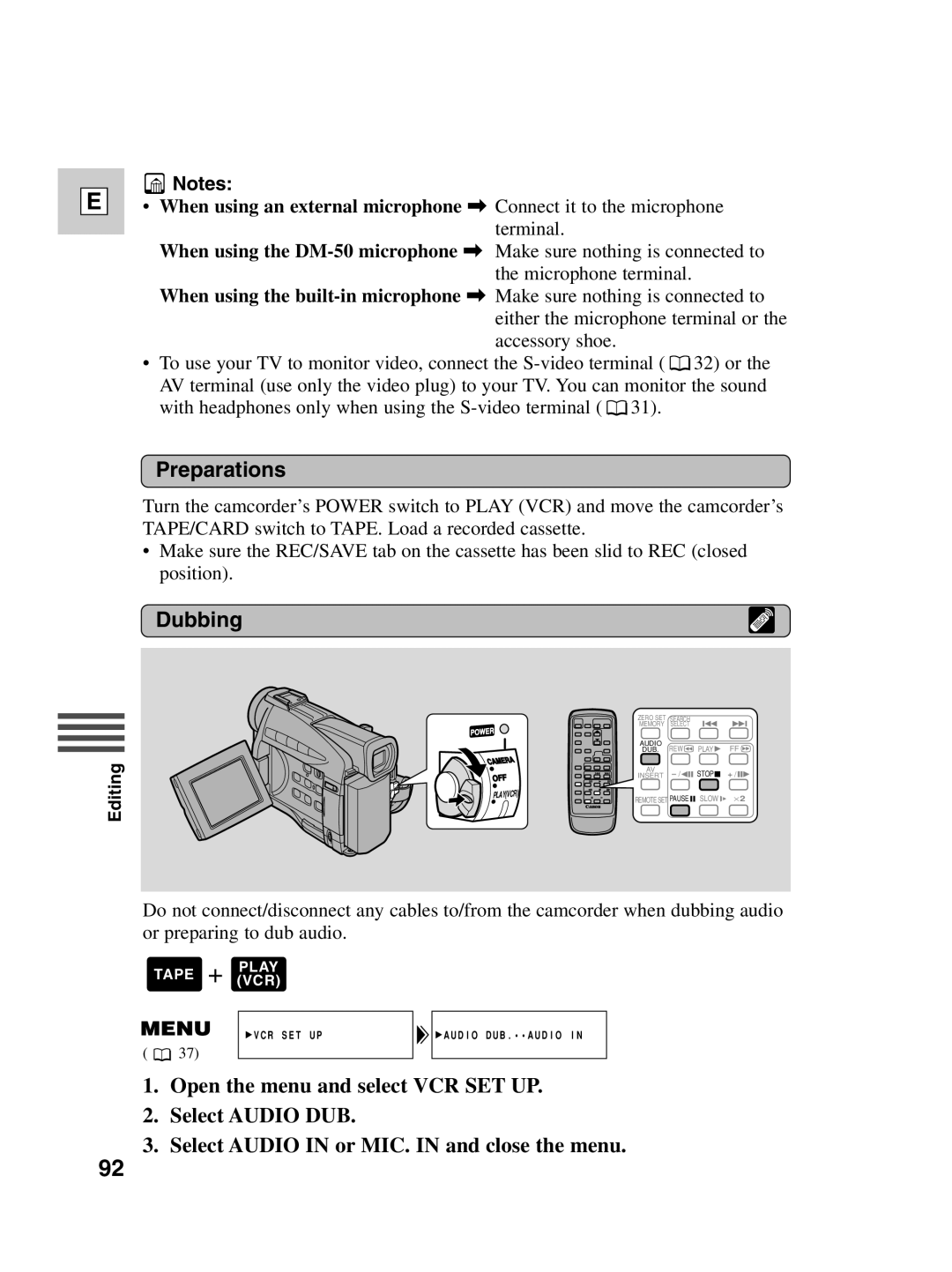 Canon ZR30 MC instruction manual VCR SET UP Audio DUB.AUDIO 