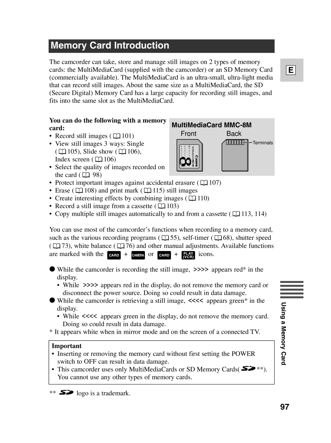 Canon ZR30 MC instruction manual Memory Card Introduction 