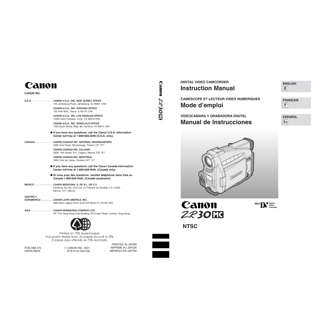 Canon ZR30MC instruction manual Mode d’emploi 