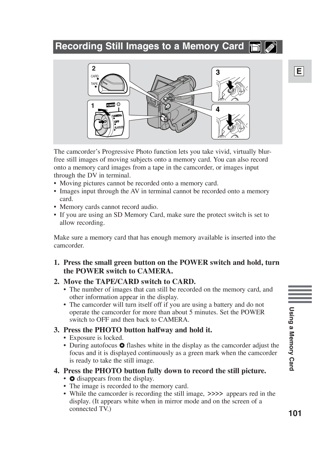 Canon ZR30MC instruction manual Recording Still Images to a Memory Card, 101, Press the Photo button halfway and hold it 