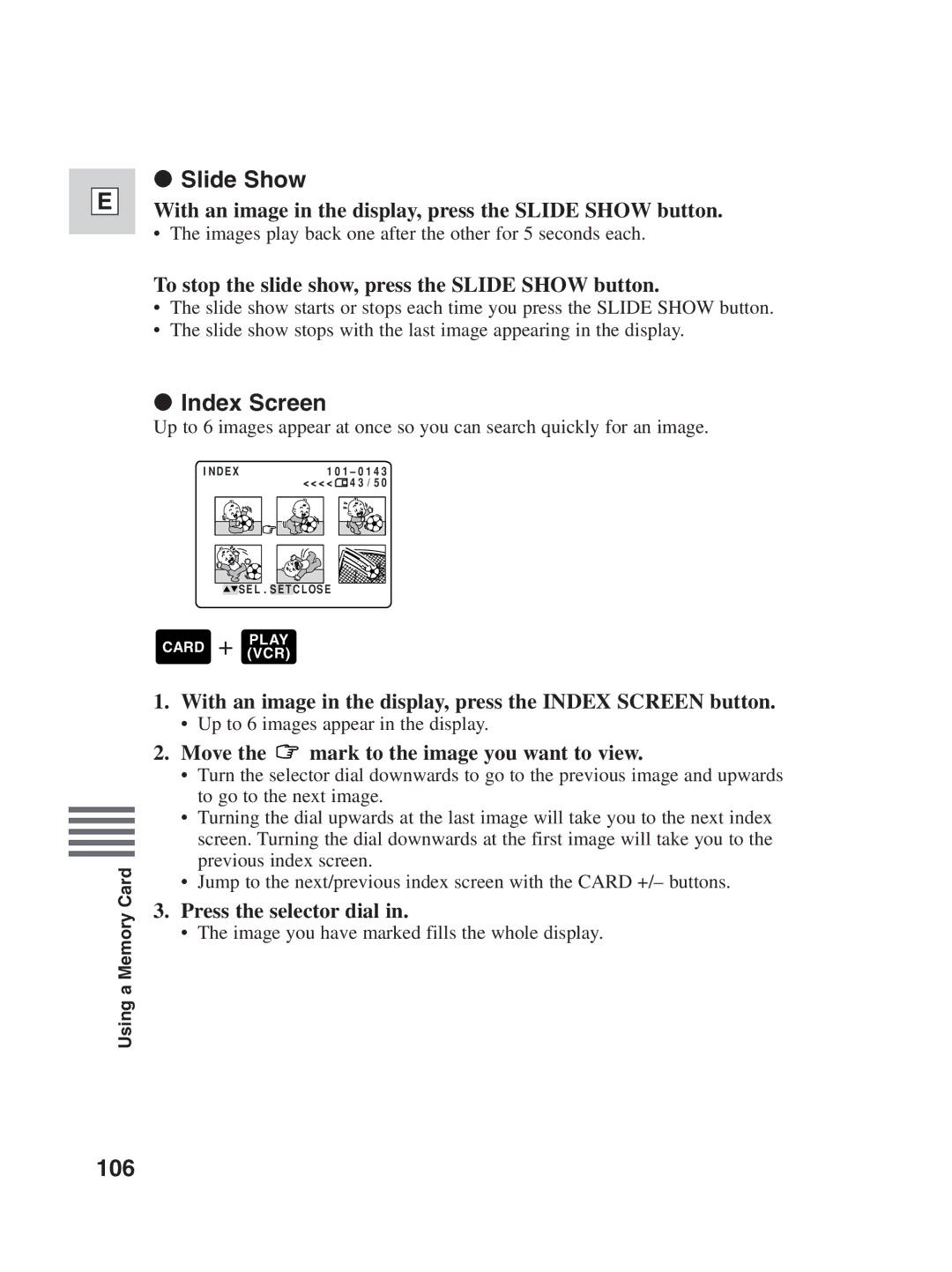 Canon ZR30MC instruction manual Slide Show, Index Screen, 106 