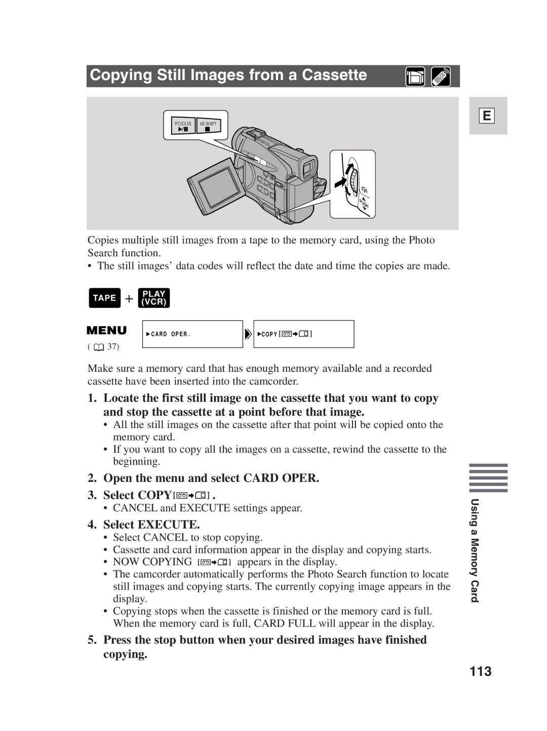 Canon ZR30MC Copying Still Images from a Cassette, 113, Open the menu and select Card Oper Select Copy, Select Execute 