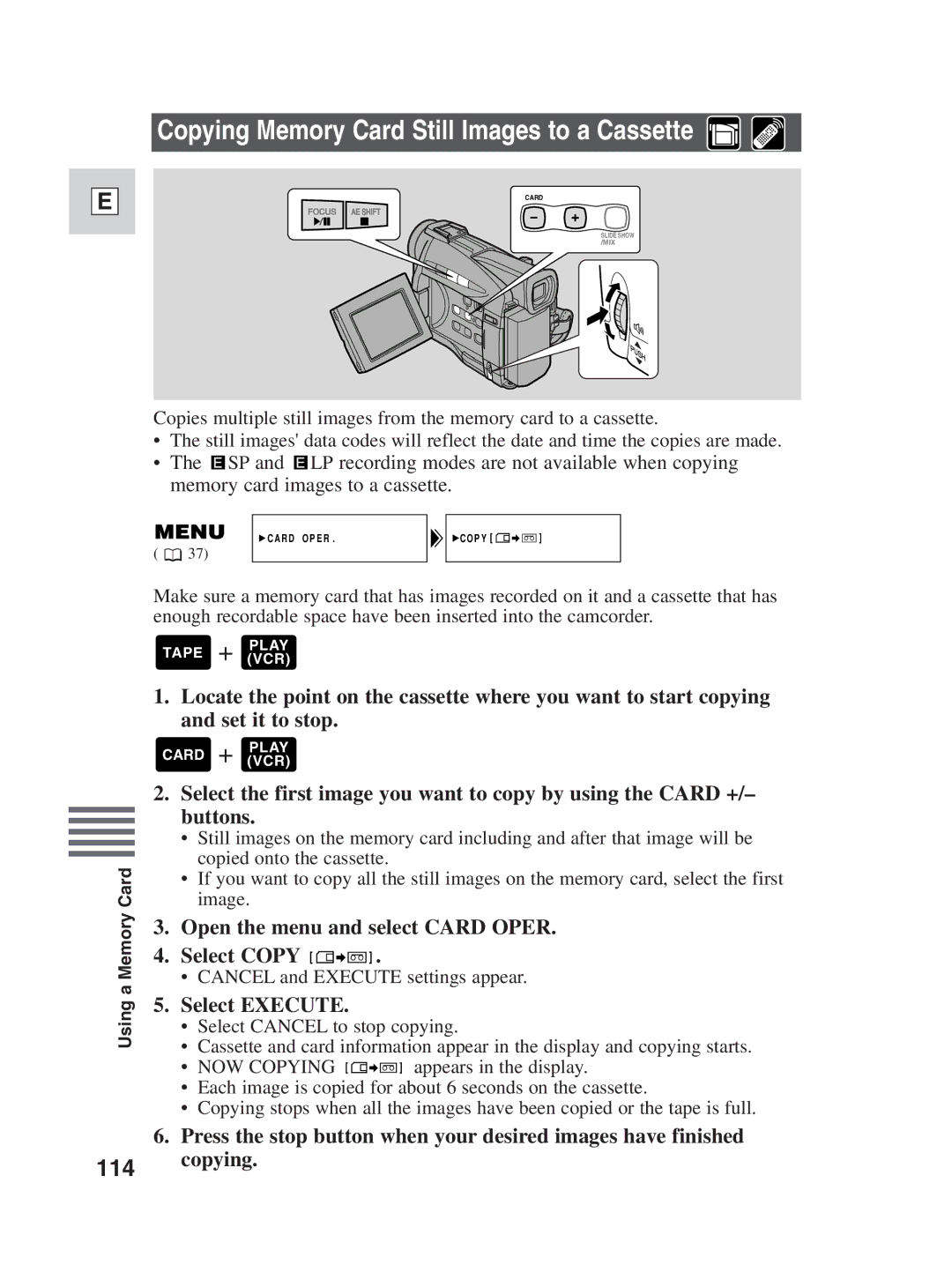 Canon ZR30MC instruction manual Copying Memory Card Still Images to a Cassette 