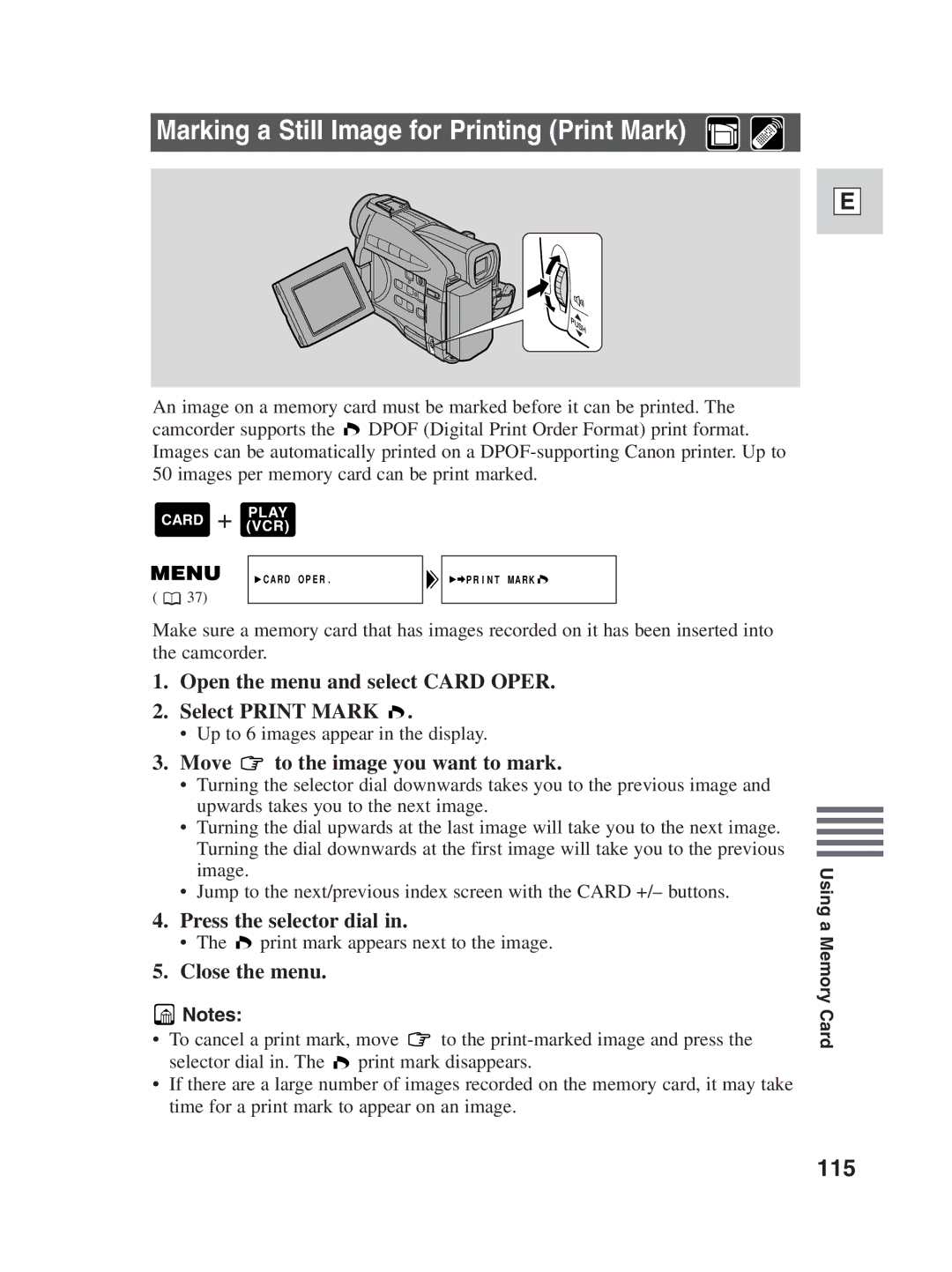 Canon ZR30MC Marking a Still Image for Printing Print Mark, 115, Open the menu and select Card Oper Select Print Mark 