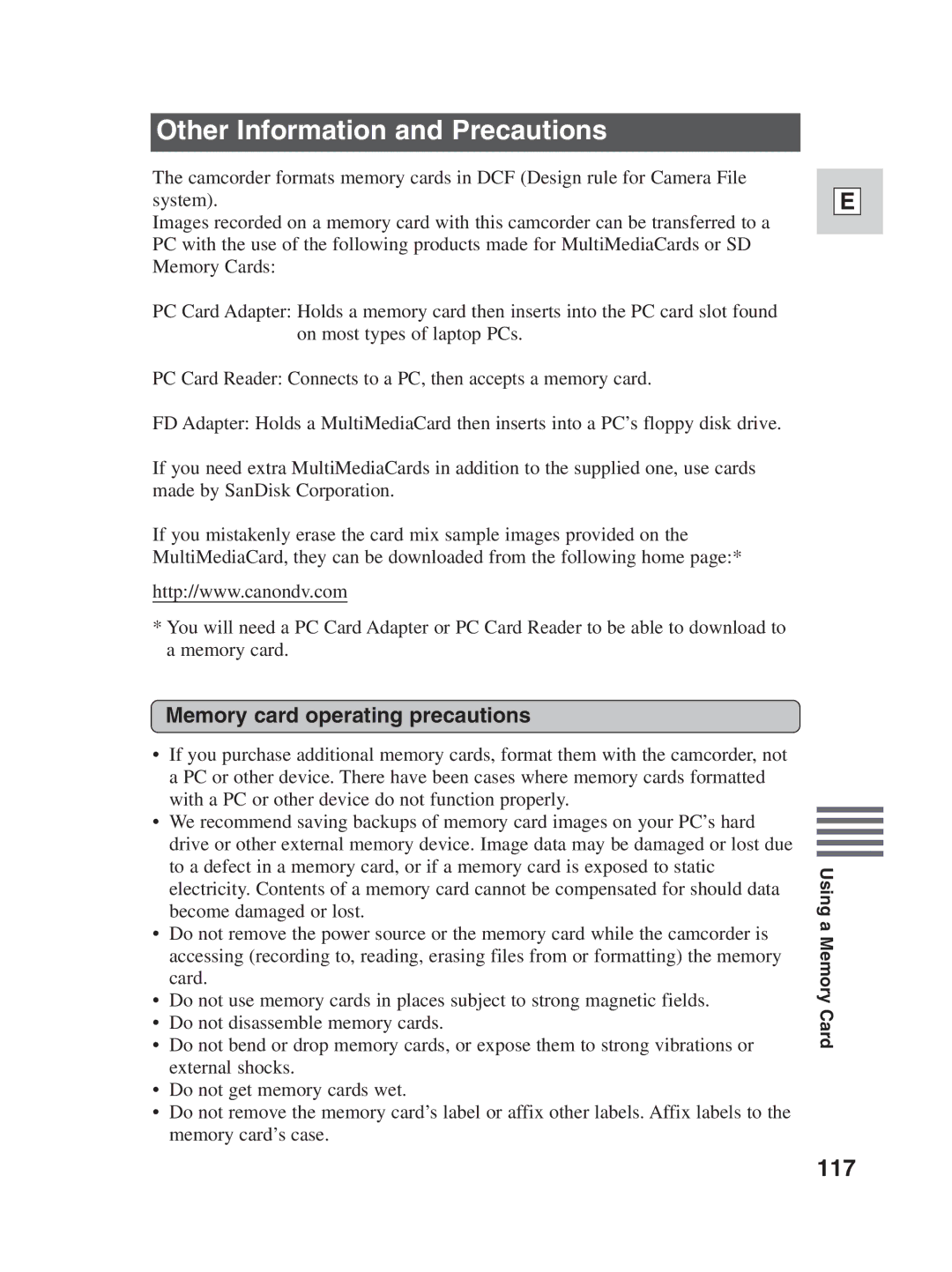 Canon ZR30MC instruction manual Other Information and Precautions, 117, Memory card operating precautions 