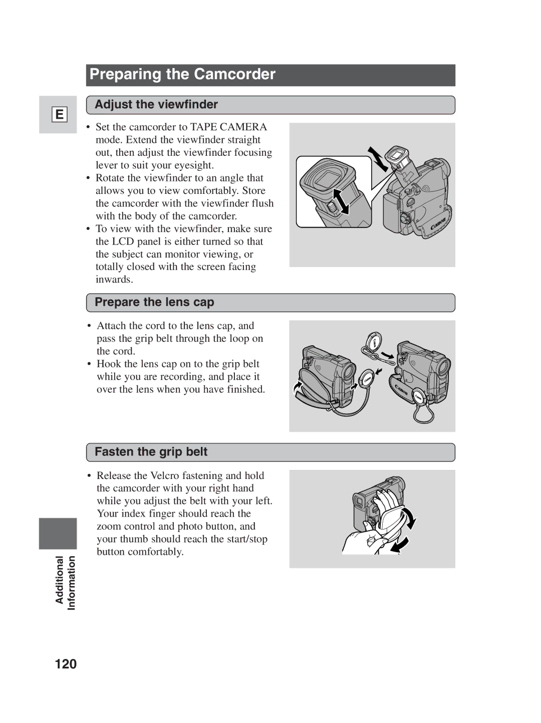 Canon ZR30MC Preparing the Camcorder, 120, Adjust the viewfinder, Prepare the lens cap, Fasten the grip belt 