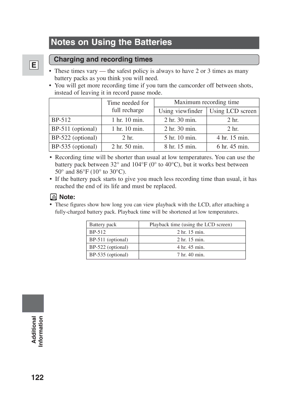 Canon ZR30MC instruction manual 122, Charging and recording times 