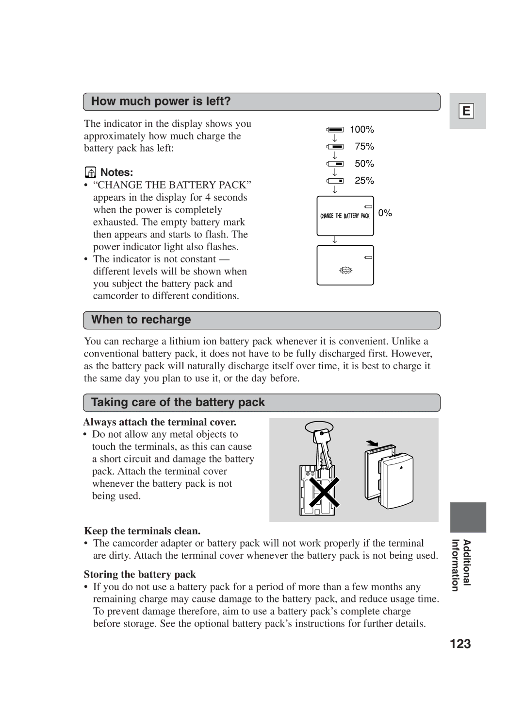 Canon ZR30MC instruction manual 123, How much power is left?, When to recharge, Taking care of the battery pack 