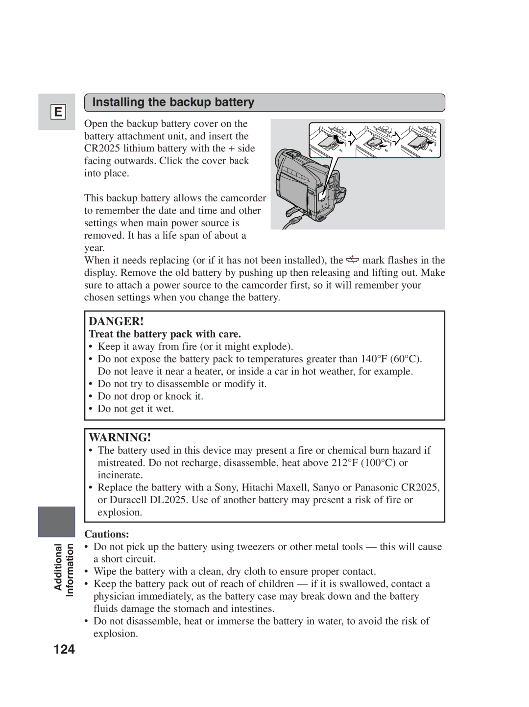 Canon ZR30MC instruction manual 124, Installing the backup battery, Treat the battery pack with care 