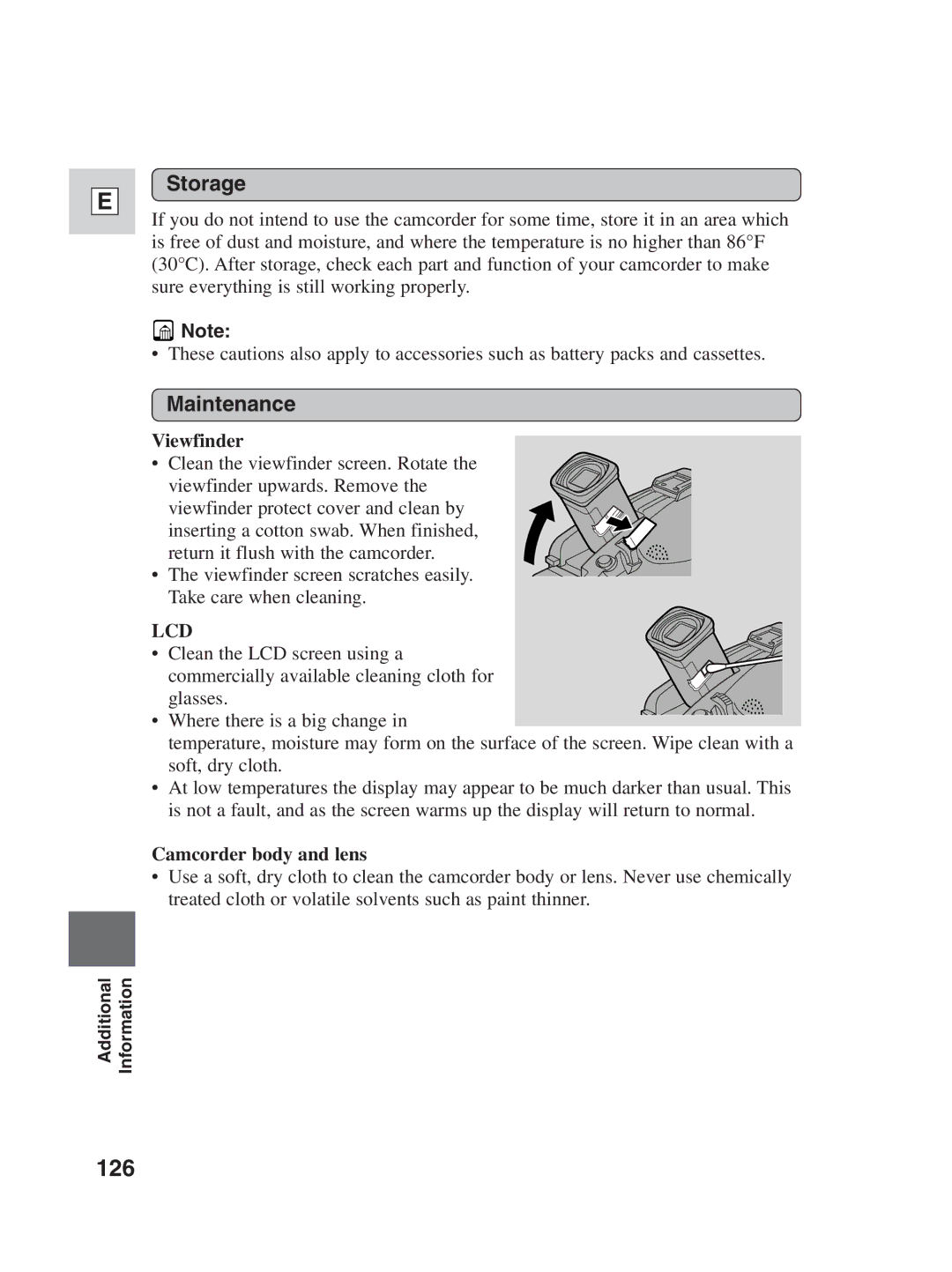 Canon ZR30MC instruction manual 126, Storage, Maintenance, Viewfinder, Camcorder body and lens 