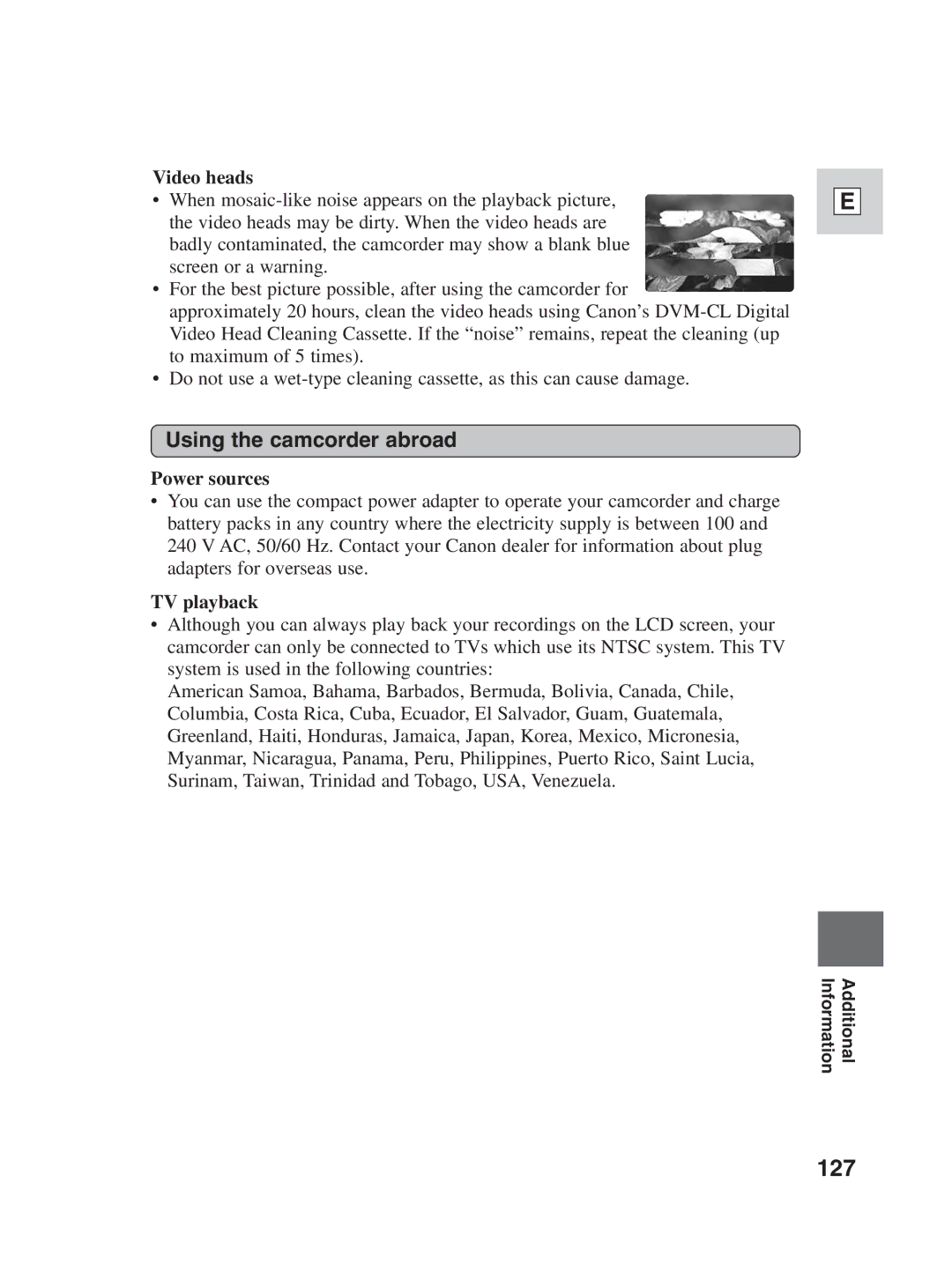 Canon ZR30MC instruction manual 127, Using the camcorder abroad, Video heads, Power sources, TV playback 