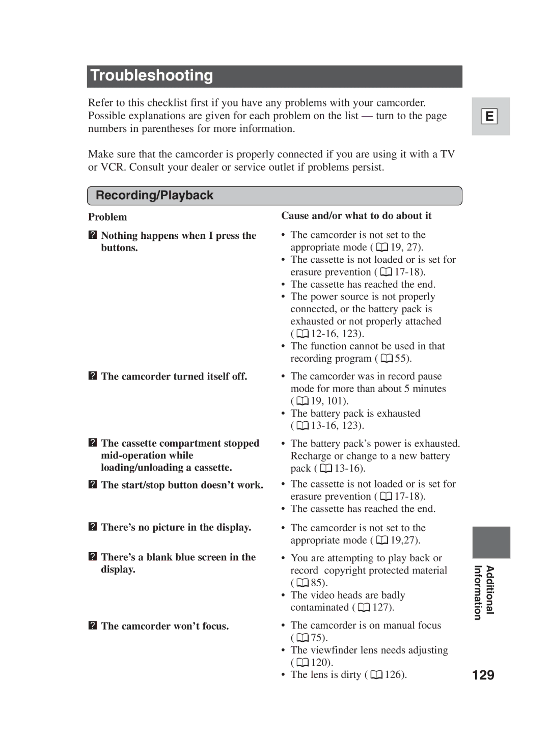 Canon ZR30MC instruction manual Troubleshooting, 129, Recording/Playback 