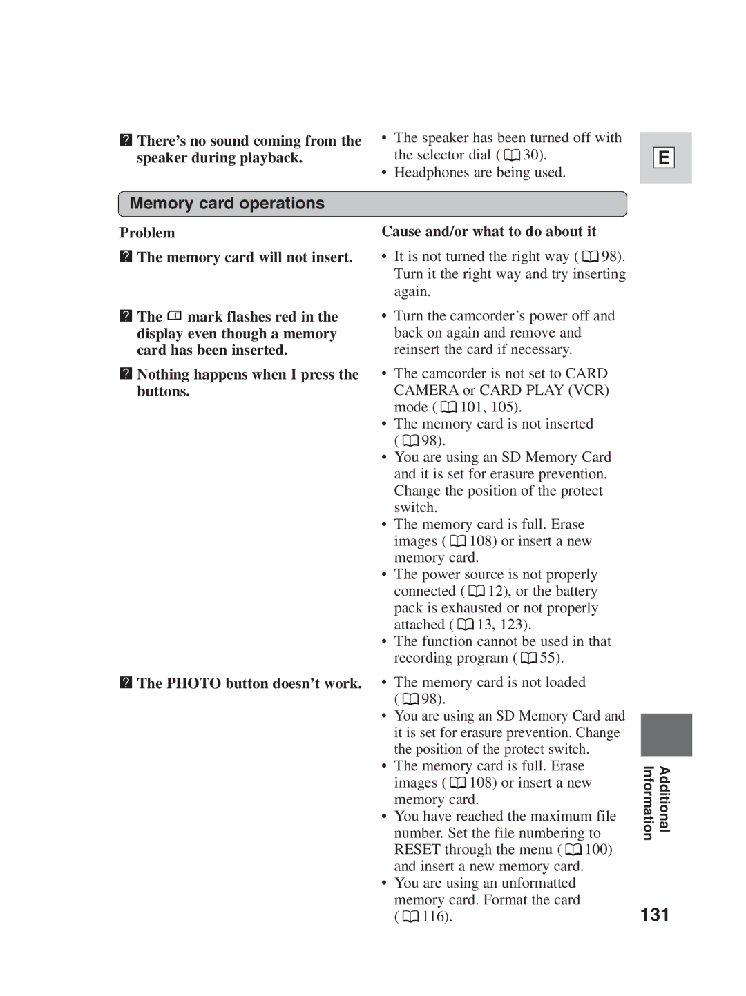 Canon ZR30MC instruction manual 131, Memory card operations, ? There’s no sound coming from the speaker during playback 