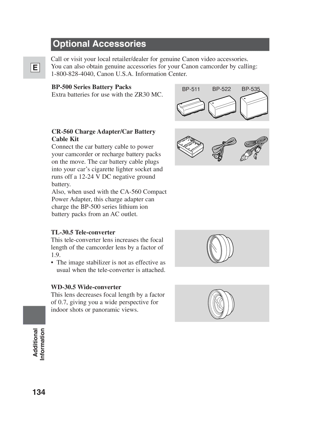 Canon ZR30MC instruction manual Optional Accessories, 134 