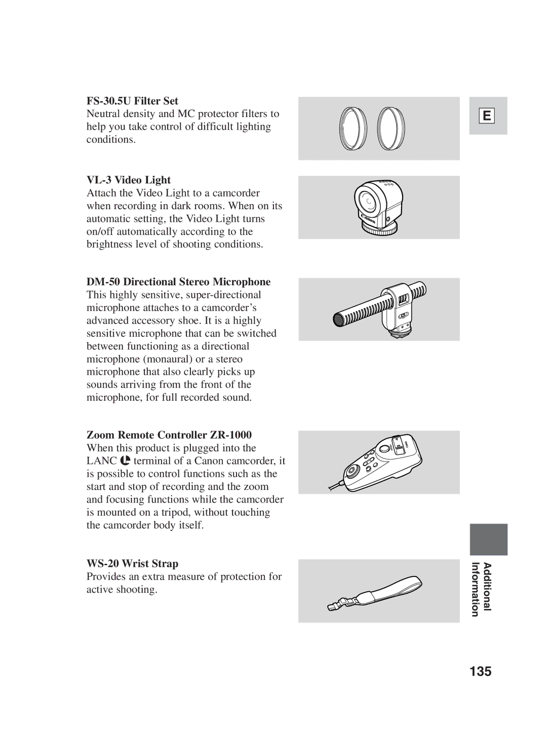 Canon ZR30MC instruction manual 135, FS-30.5U Filter Set, VL-3 Video Light 