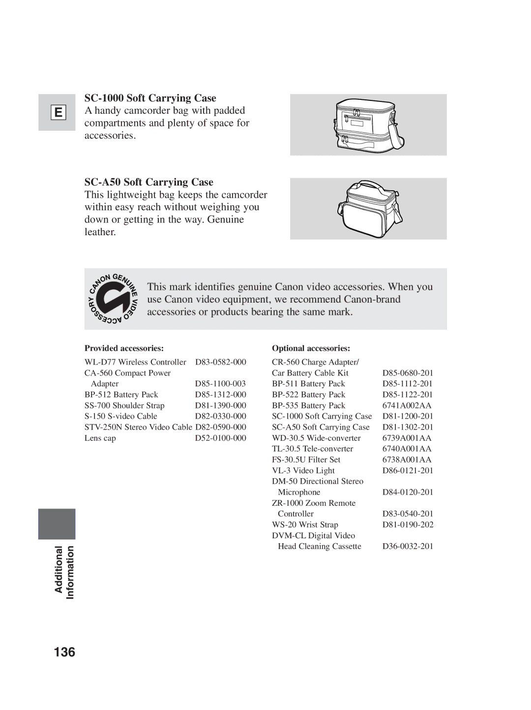 Canon ZR30MC instruction manual 136, SC-1000 Soft Carrying Case, SC-A50 Soft Carrying Case 