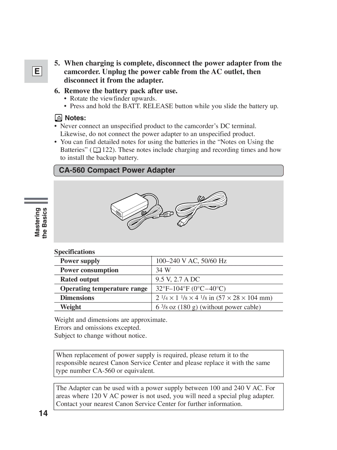 Canon ZR30MC instruction manual CA-560 Compact Power Adapter 