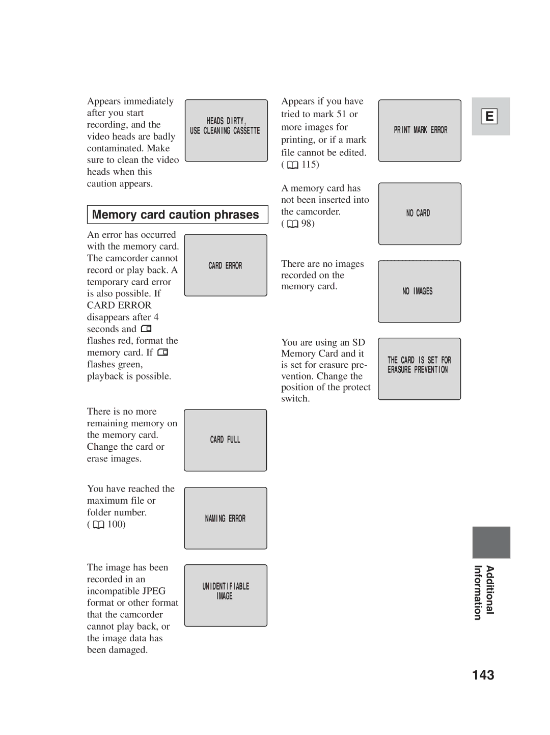 Canon ZR30MC instruction manual 143, Memory card caution phrases 