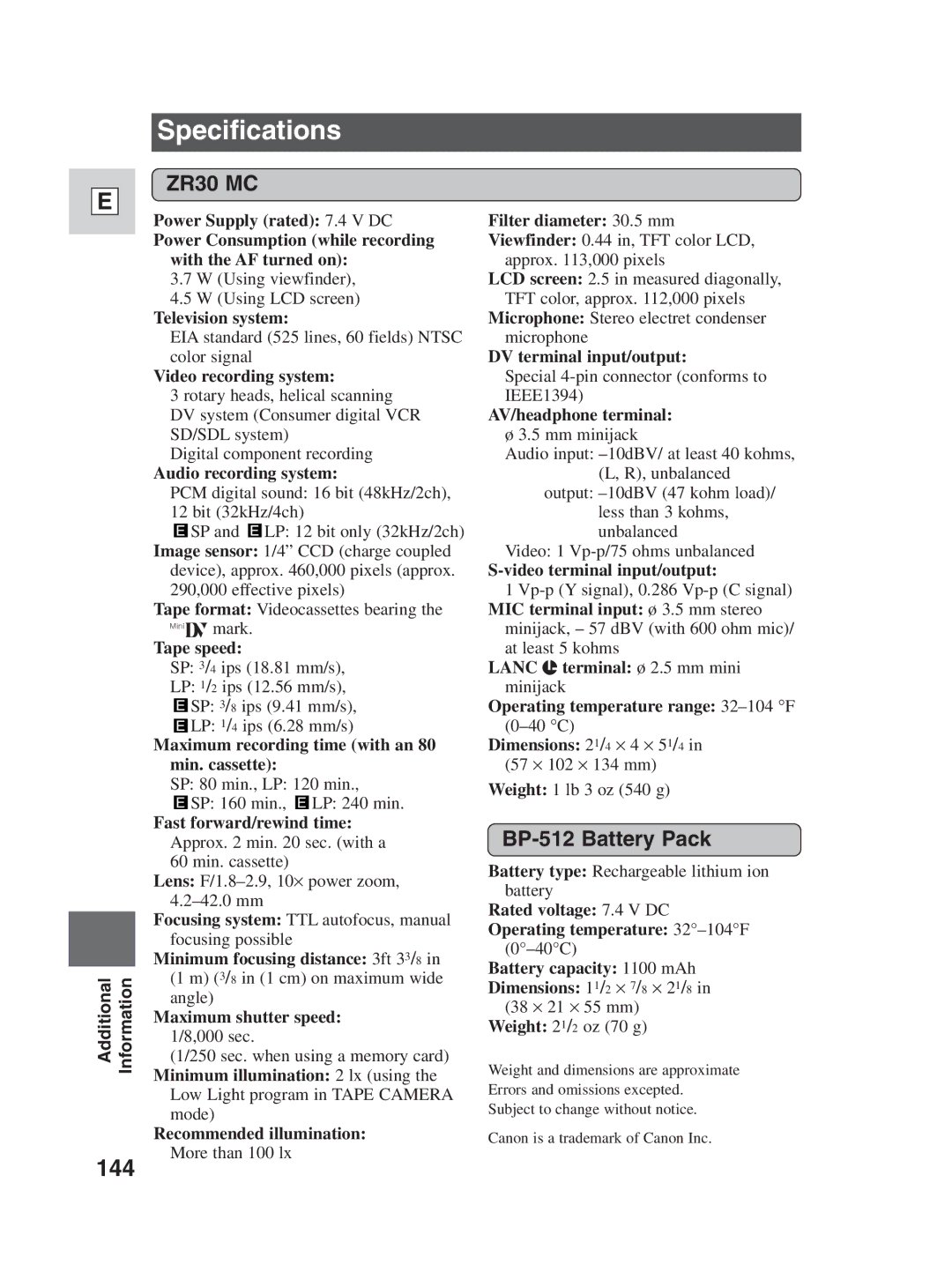 Canon ZR30MC instruction manual Specifications, 144, BP-512 Battery Pack 