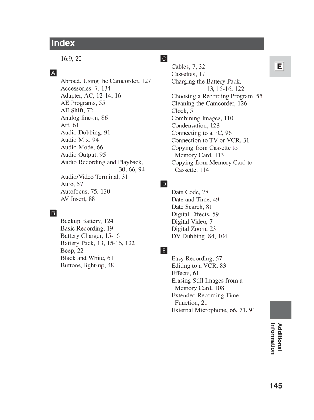 Canon ZR30MC instruction manual Index, 145 