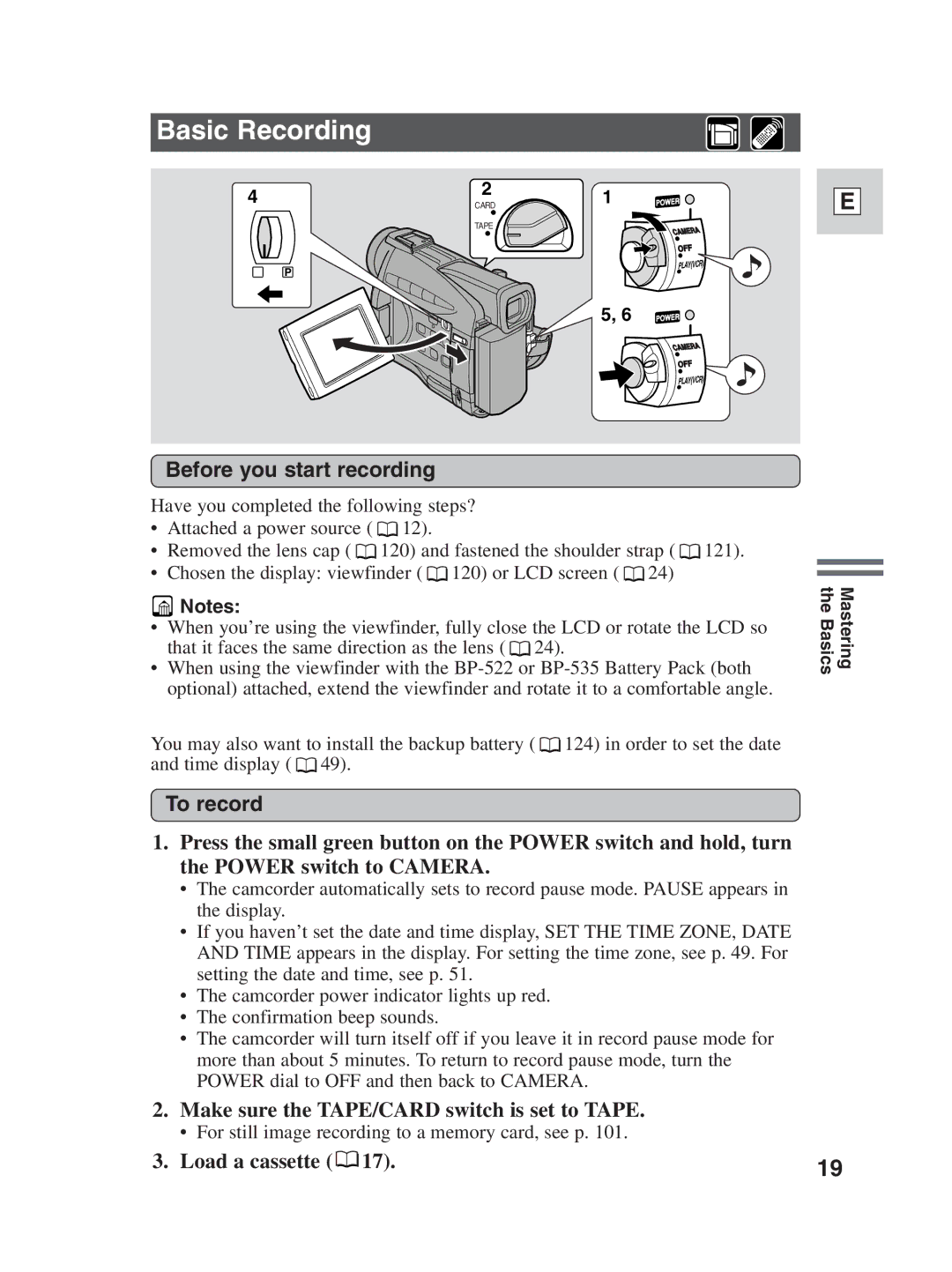 Canon ZR30MC Basic Recording, Before you start recording, To record, Make sure the TAPE/CARD switch is set to Tape 