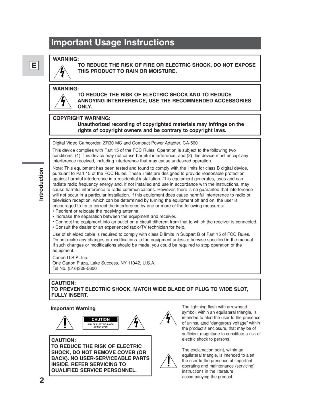 Canon ZR30MC instruction manual Important Usage Instructions 