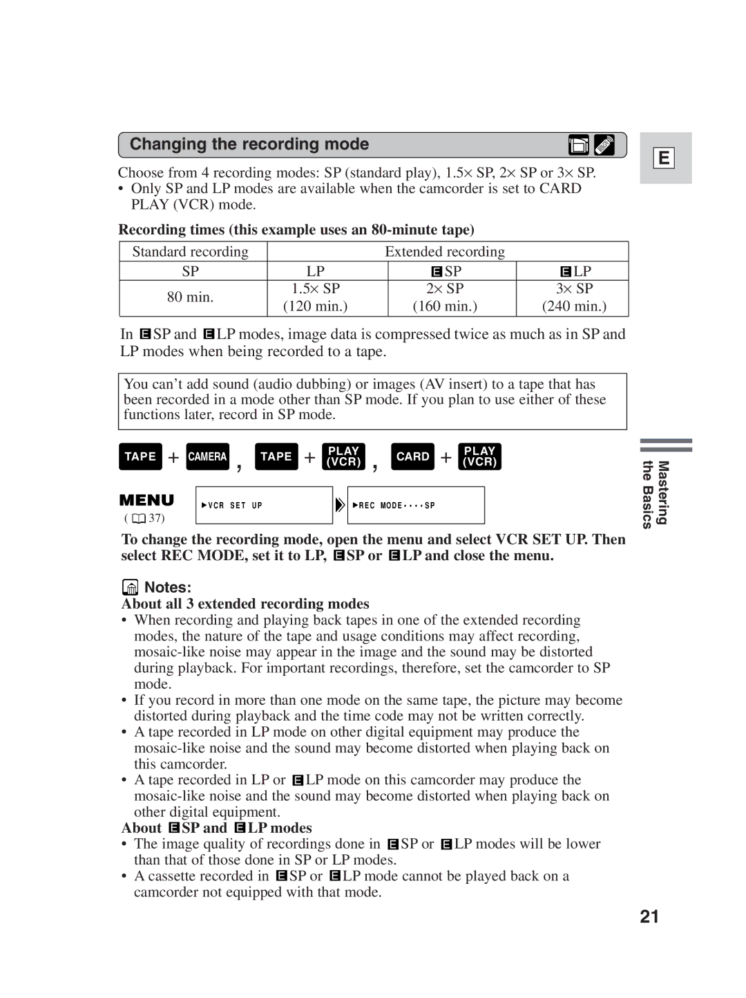 Canon ZR30MC Changing the recording mode, Recording times this example uses an 80-minute tape, About SP and LP modes 