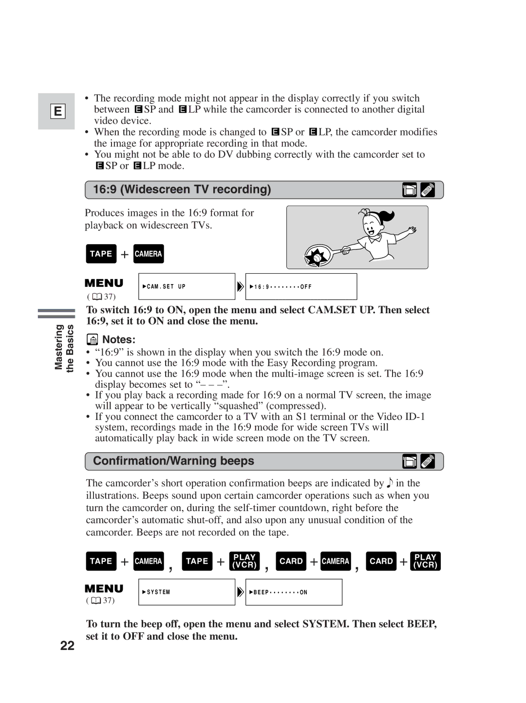 Canon ZR30MC instruction manual Widescreen TV recording, Confirmation/Warning beeps 