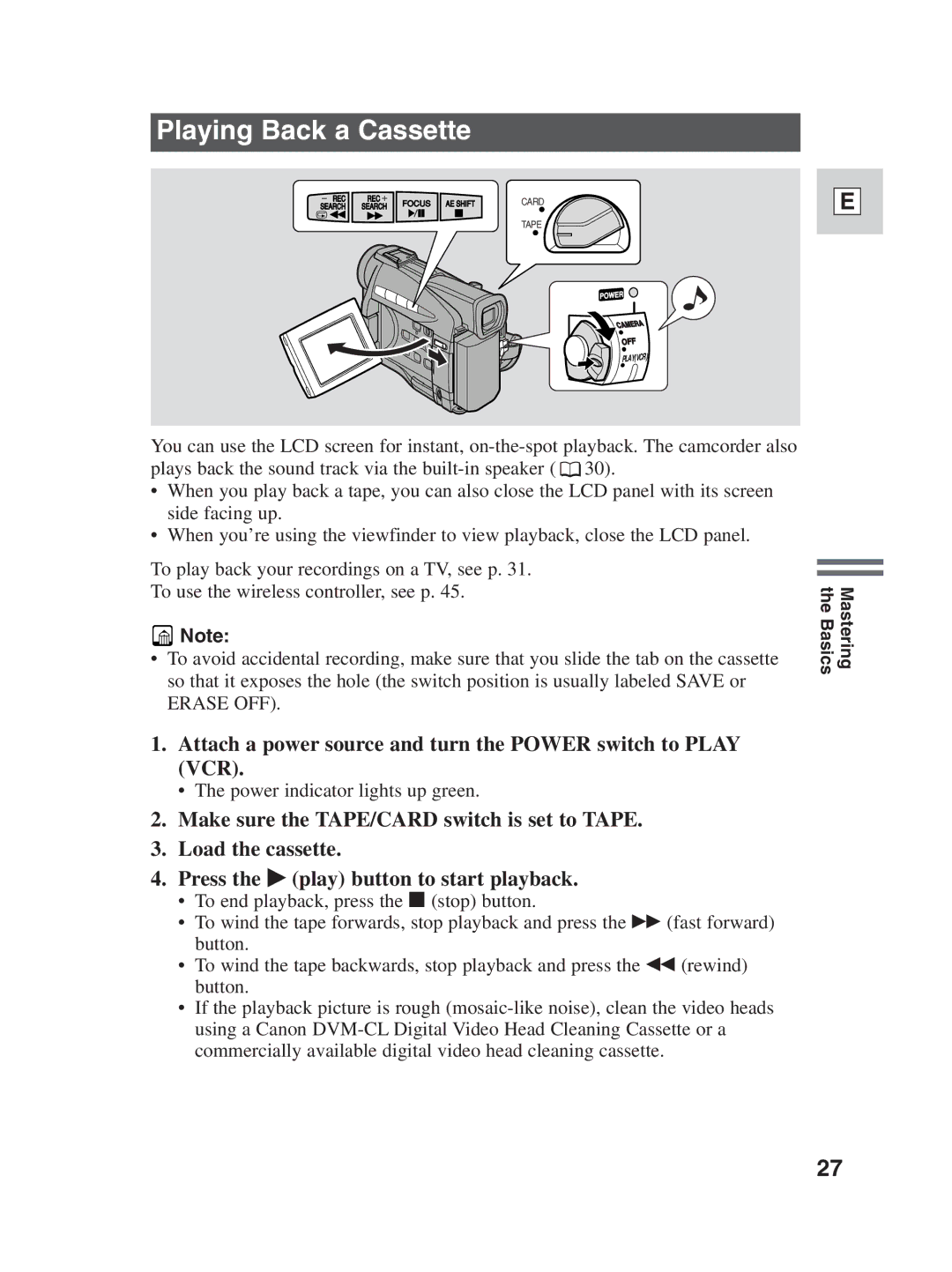 Canon ZR30MC instruction manual Playing Back a Cassette, Attach a power source and turn the Power switch to Play VCR 