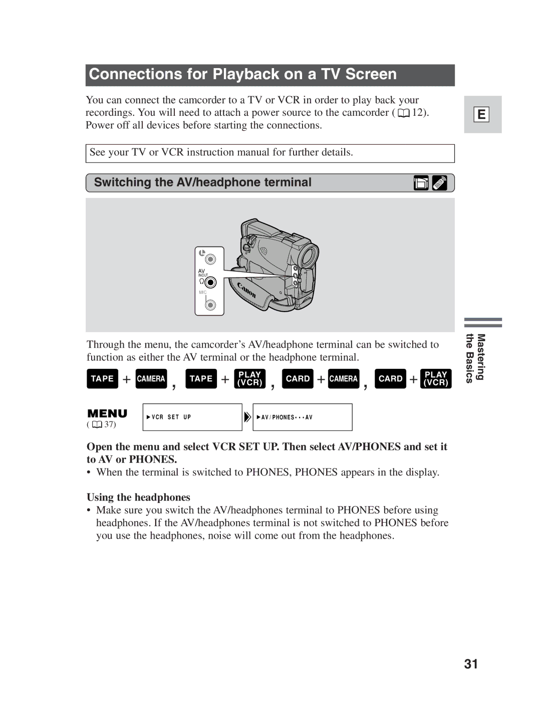 Canon ZR30MC instruction manual Connections for Playback on a TV Screen, Switching the AV/headphone terminal 