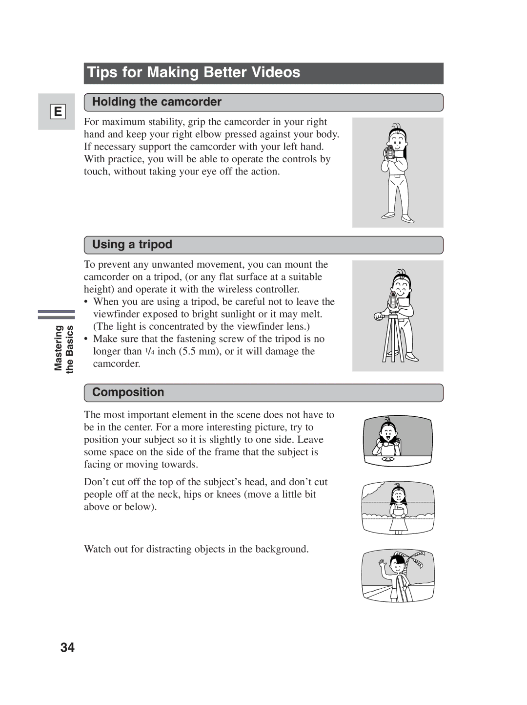 Canon ZR30MC instruction manual Tips for Making Better Videos, Holding the camcorder, Using a tripod, Composition 