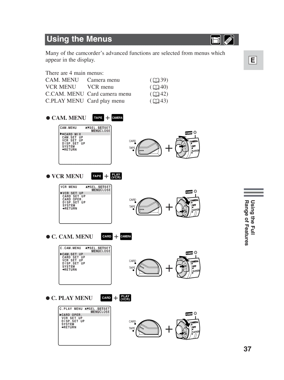 Canon ZR30MC instruction manual Using the Menus, CAM. Menu 