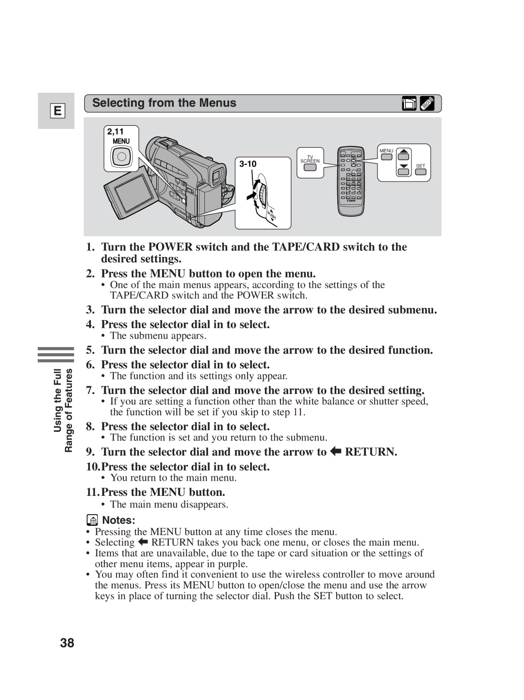 Canon ZR30MC instruction manual Selecting from the Menus, Press the Menu button 