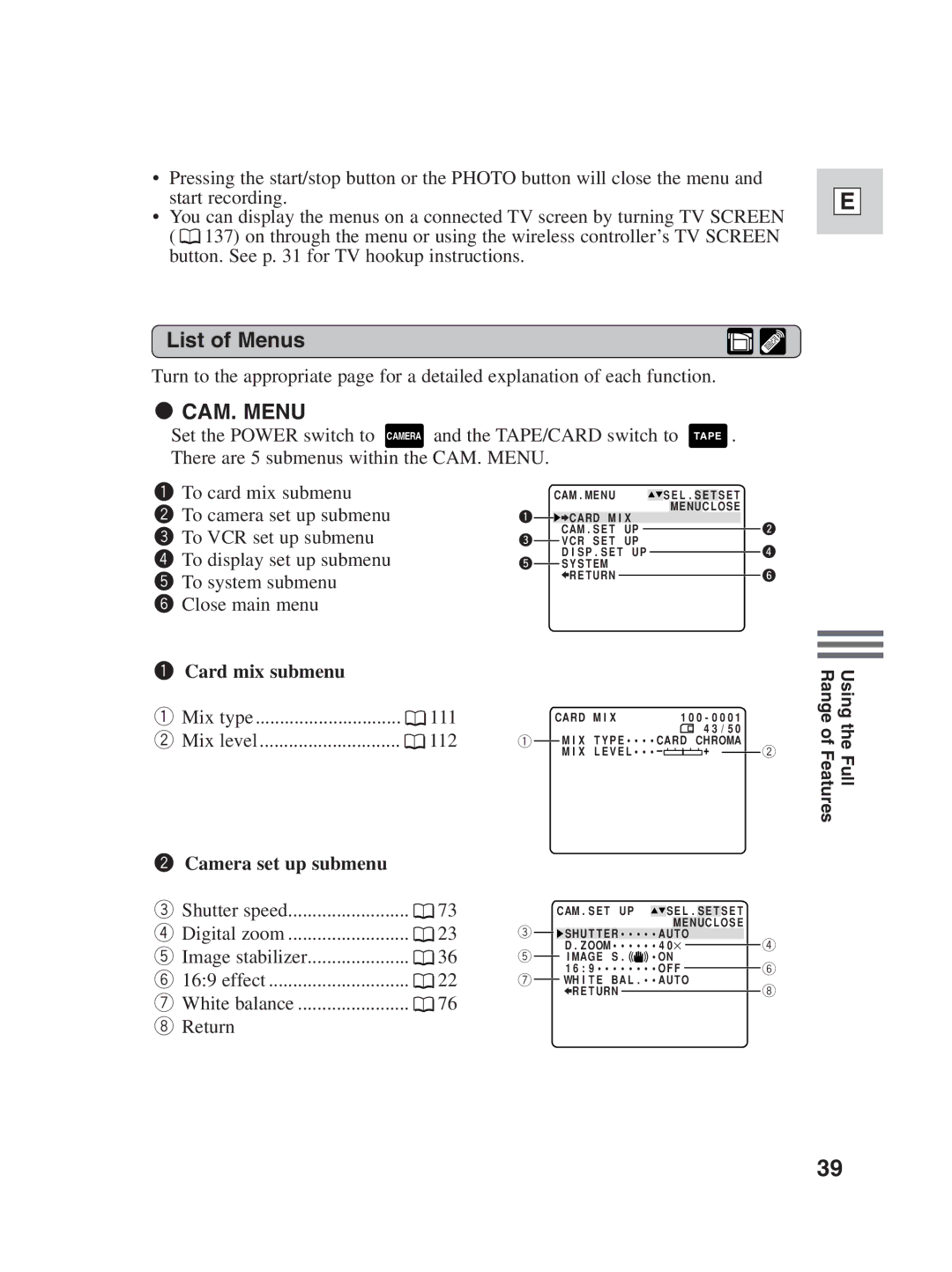 Canon ZR30MC instruction manual List of Menus 