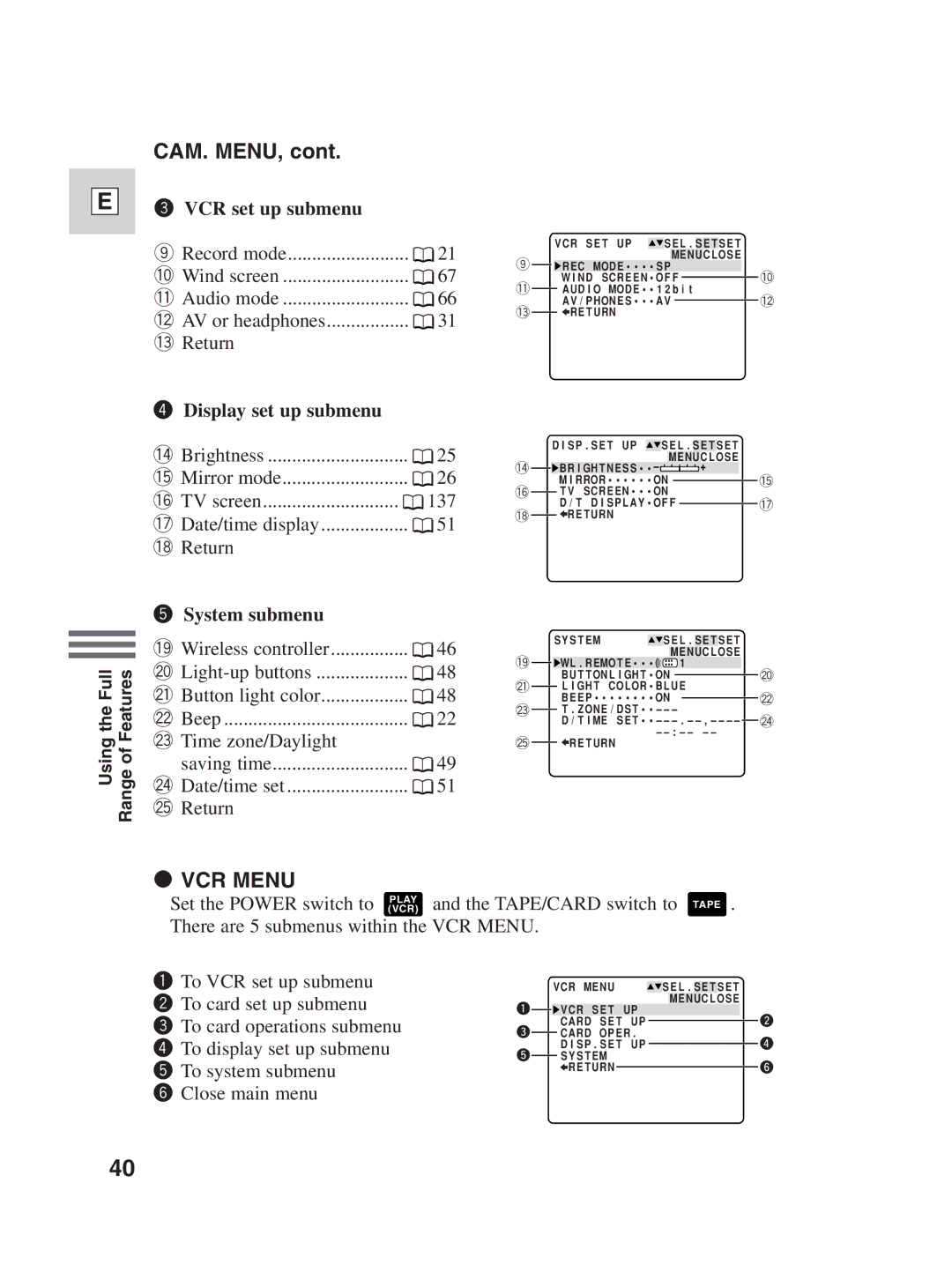 Canon ZR30MC instruction manual Cam. Menu, VCR set up submenu, Display set up submenu, System submenu 