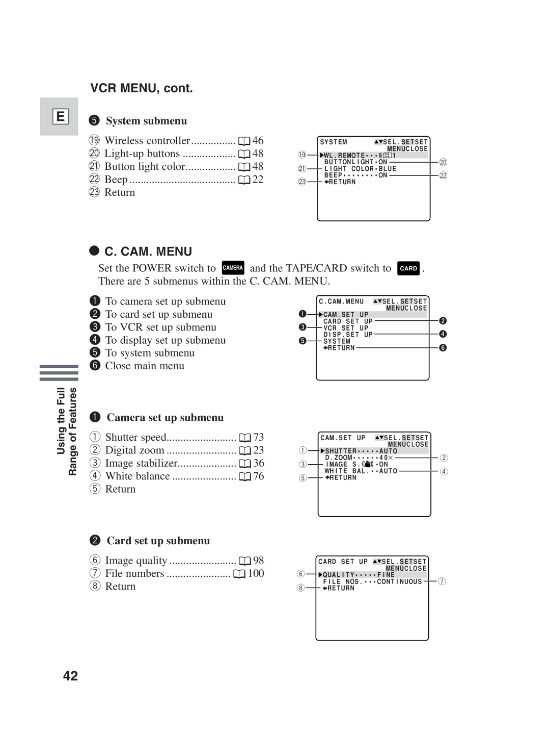 Canon ZR30MC instruction manual Vcr Menu, Camera set up submenu 