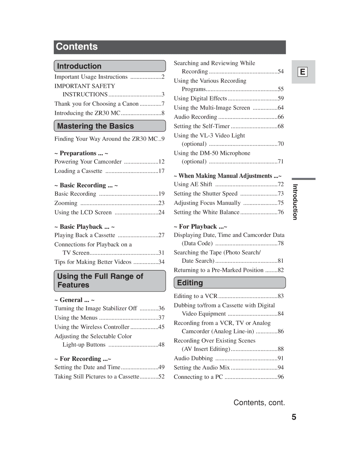 Canon ZR30MC instruction manual Contents 